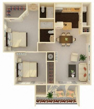 Floor plan for 2 beds, 2 baths, 863 sqft